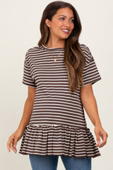 Mocha Striped Ruffle Hem Maternity Short Sleeve Top
