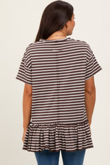 Mocha Striped Ruffle Hem Maternity Short Sleeve Top