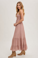 Mauve Smocked Strapless Front Tie Maxi Dress