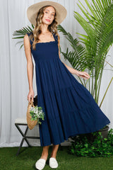 Navy Smocked Ruffle Strap Tiered Midi Dress