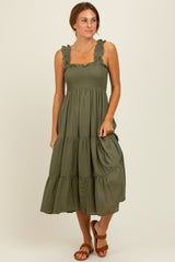 Olive Smocked Ruffle Strap Tiered Midi Dress