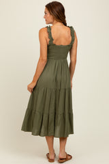 Olive Smocked Ruffle Strap Tiered Midi Dress