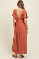 Rust V-Neck Flutter Sleeve Side Slit Maternity Maxi Dress