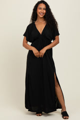 Black V-Neck Flutter Sleeve Side Slit Maternity Maxi Dress