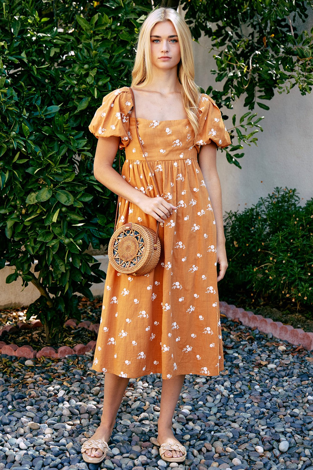 Orange Embroidered Floral Puff Sleeve Midi Dress