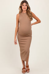 Light Taupe Mock Neck Side Slit Maternity Midi Dress
