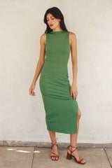 Green Mock Neck Side Slit Midi Dress