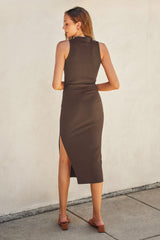 Brown Mock Neck Side Slit Midi Dress