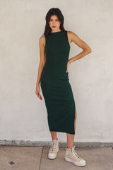 Forest Green Mock Neck Side Slit Midi Dress
