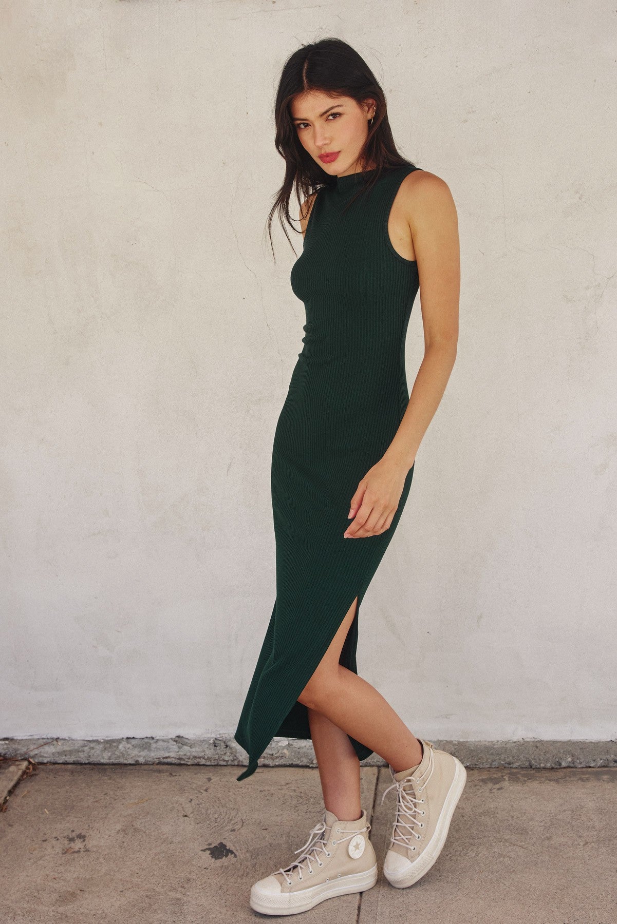 Forest Green Mock Neck Side Slit Midi Dress