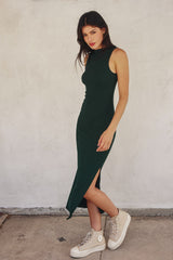 Forest Green Mock Neck Side Slit Midi Dress