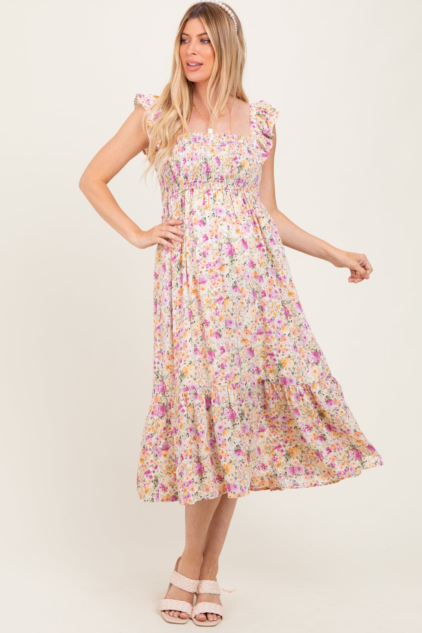 Multi Color Floral Flutter Sleeve Smocked Maternity Midi Dress