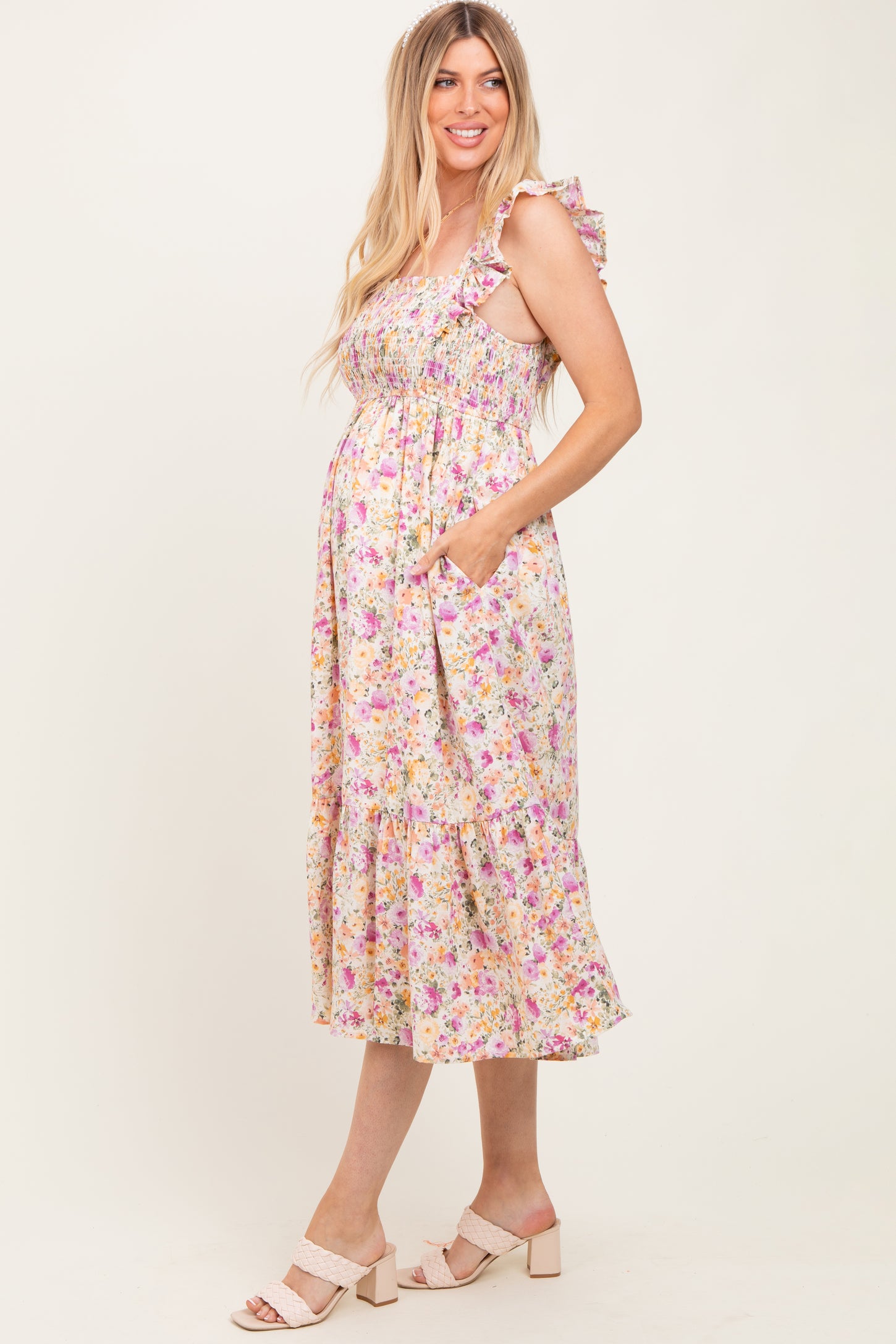 Multi Color Floral Flutter Sleeve Smocked Maternity Midi Dress
