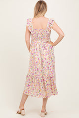Multi Color Floral Flutter Sleeve Smocked Maternity Midi Dress