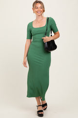 Green Ribbed Short Sleeve Side Slit Maternity Midi Dress