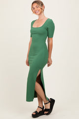 Green Ribbed Short Sleeve Side Slit Midi Dress