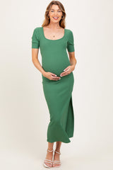 Green Ribbed Short Sleeve Side Slit Maternity Midi Dress