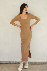 Light Taupe Ribbed Short Sleeve Side Slit Midi Dress