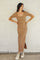 Light Taupe Ribbed Short Sleeve Side Slit Midi Dress