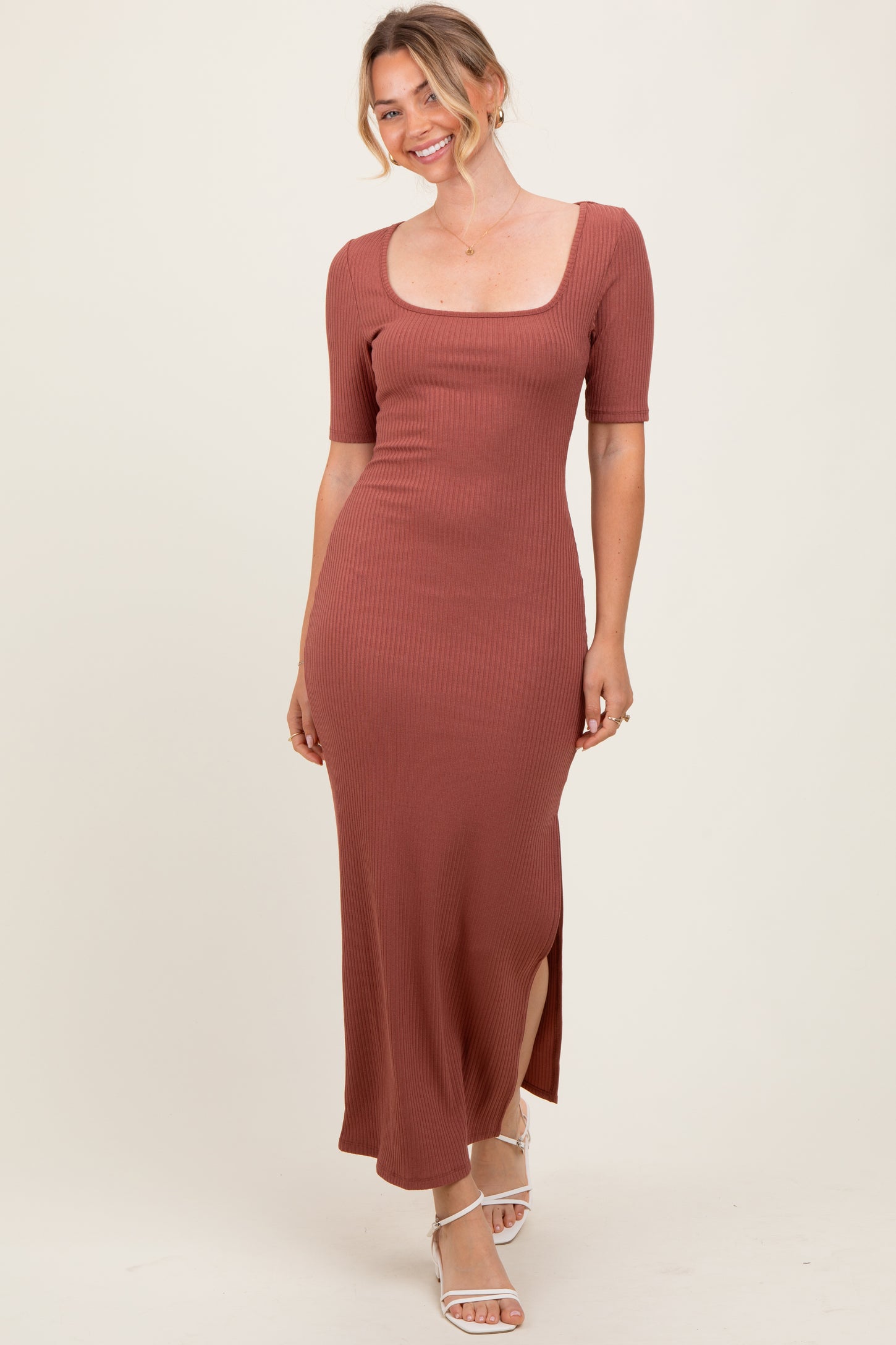 Mauve Ribbed Short Sleeve Side Slit Midi Dress