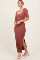Mauve Ribbed Short Sleeve Side Slit Midi Dress