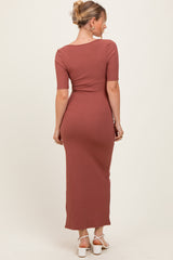 Mauve Ribbed Short Sleeve Side Slit Midi Dress