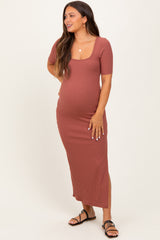 Mauve Ribbed Short Sleeve Side Slit Maternity Midi Dress
