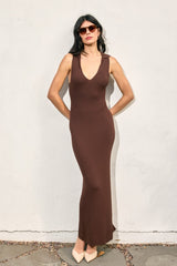 Brown Knit Collared Deep V-Neck Maxi Dress