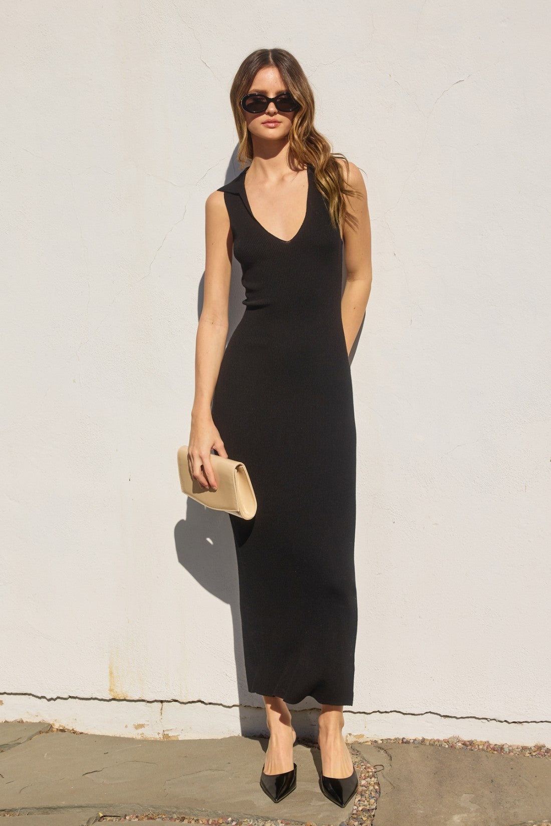 Black Knit Collared Deep V-Neck Maxi Dress