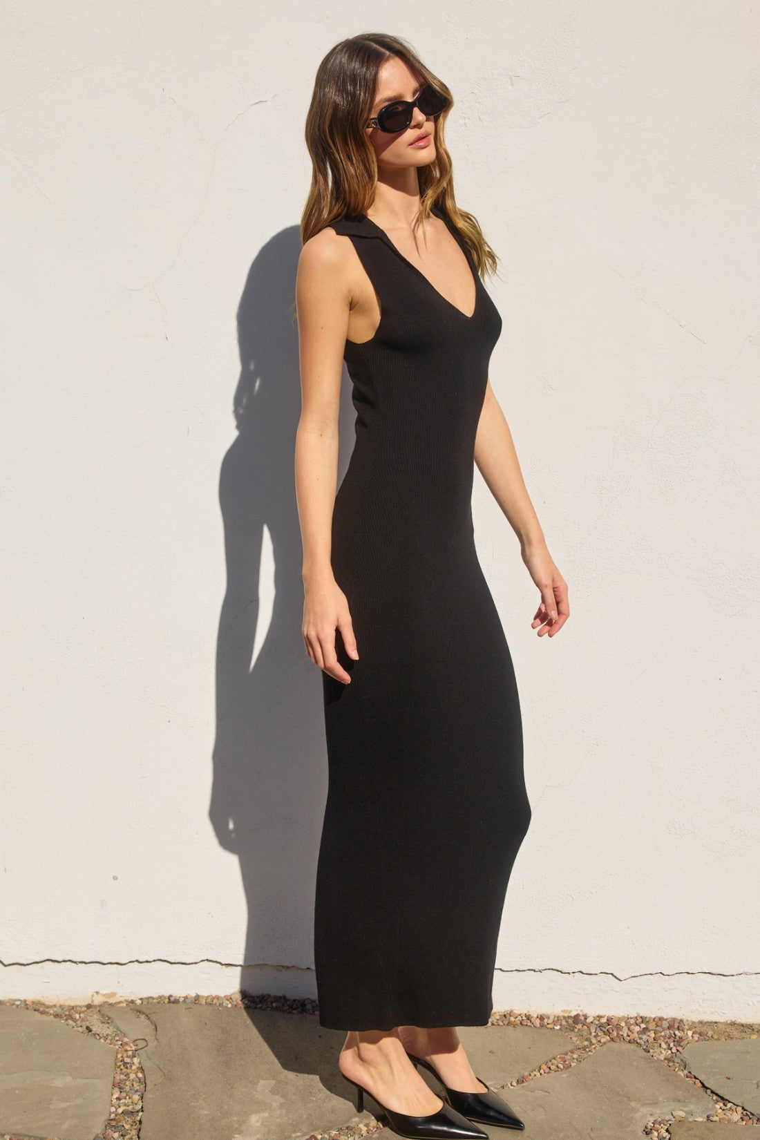 Black Knit Collared Deep V-Neck Maxi Dress