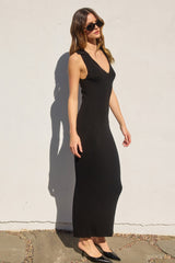 Black Knit Collared Deep V-Neck Maxi Dress