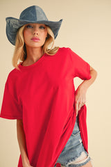 Red Oversized Cut Hem Short Sleeve T-Shirt