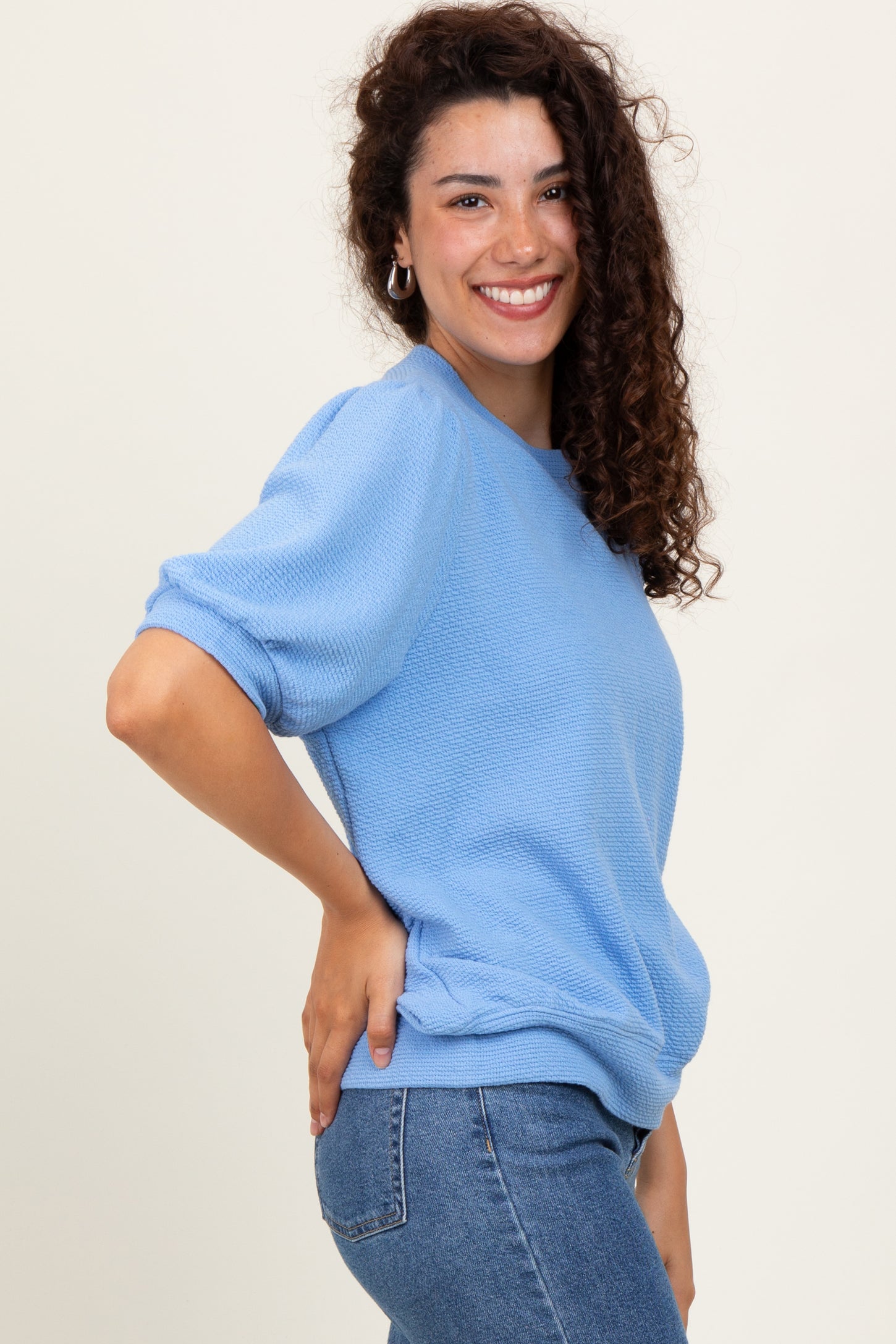 Blue Knit Puff Sleeve Top