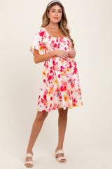 Cream/Red Floral Smocked Top Maternity Mini Dress