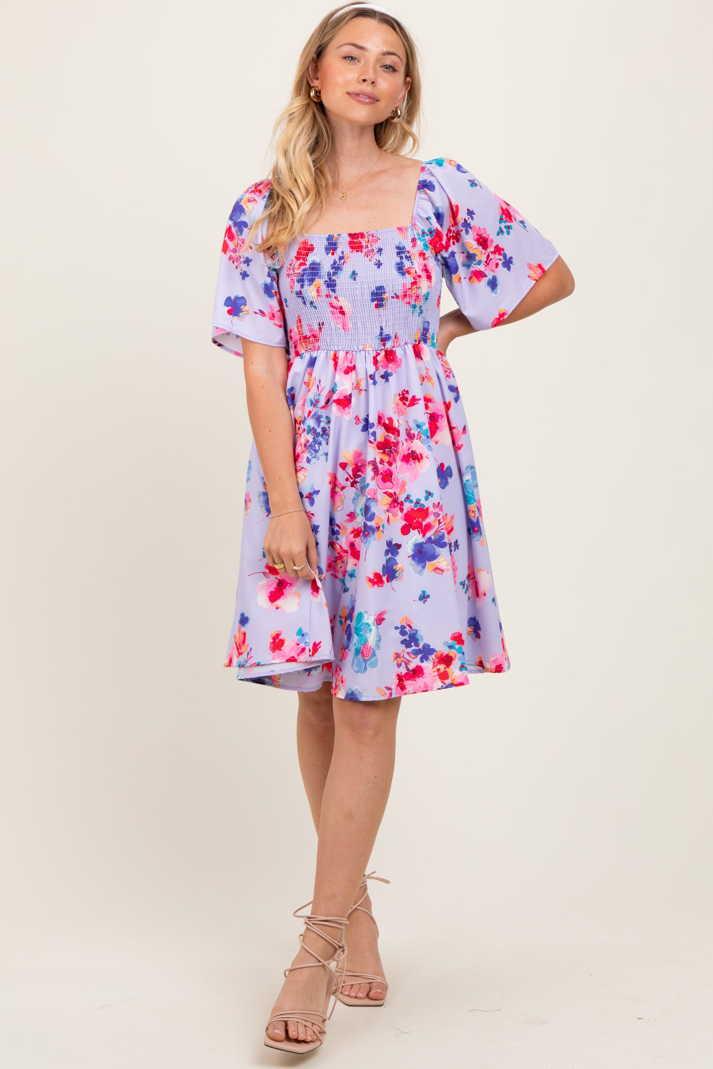 Lavender/Red Floral Smocked Top Mini Dress