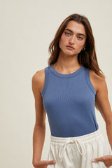 Light Navy Ribbed Basic Crew Neck Maternity Tank