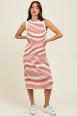 Red Striped Ribbed Knit Sleeveless Midi Dress