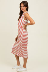 Red Striped Ribbed Knit Sleeveless Midi Dress