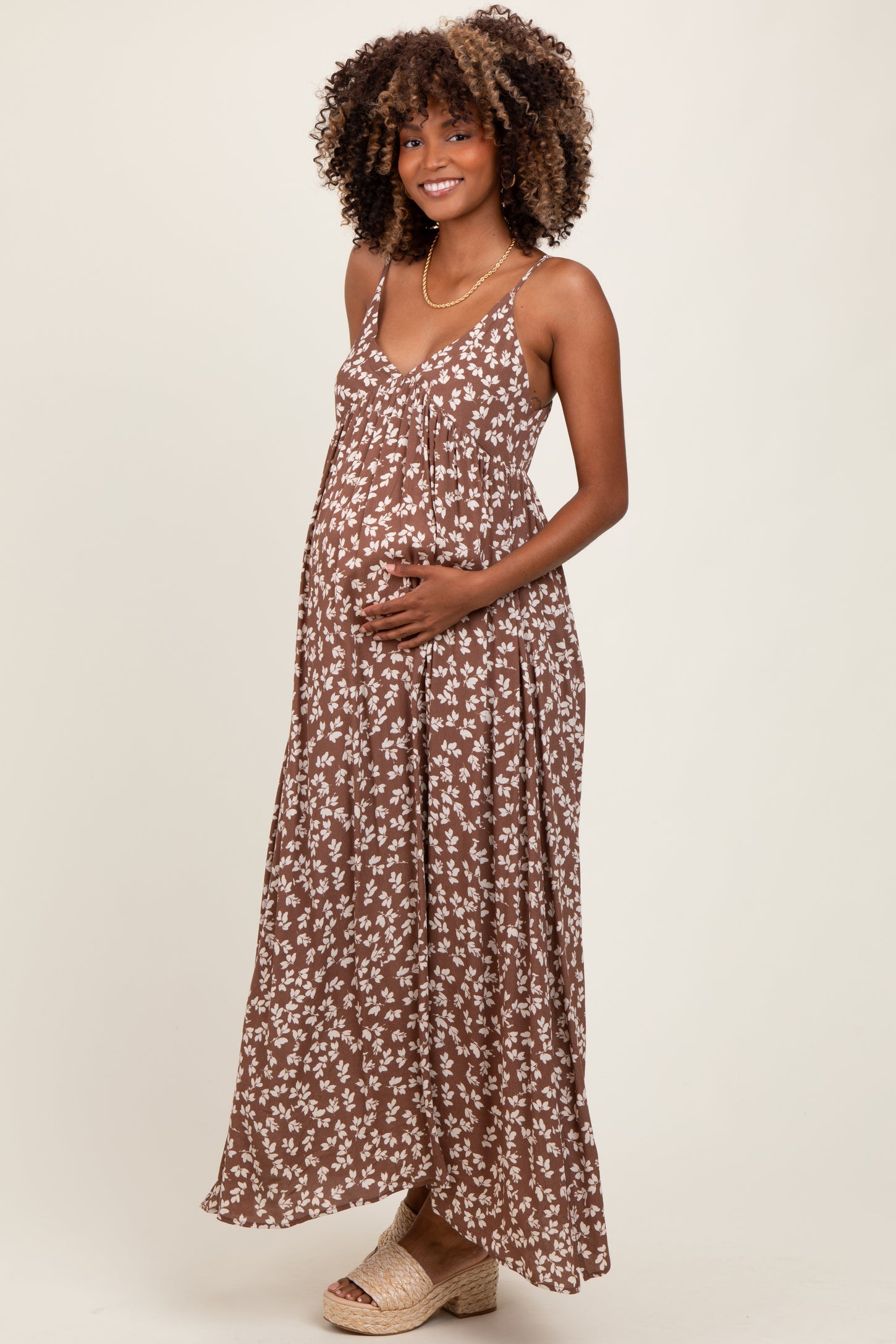 Mocha Floral V-Neck Maternity Maxi Dress