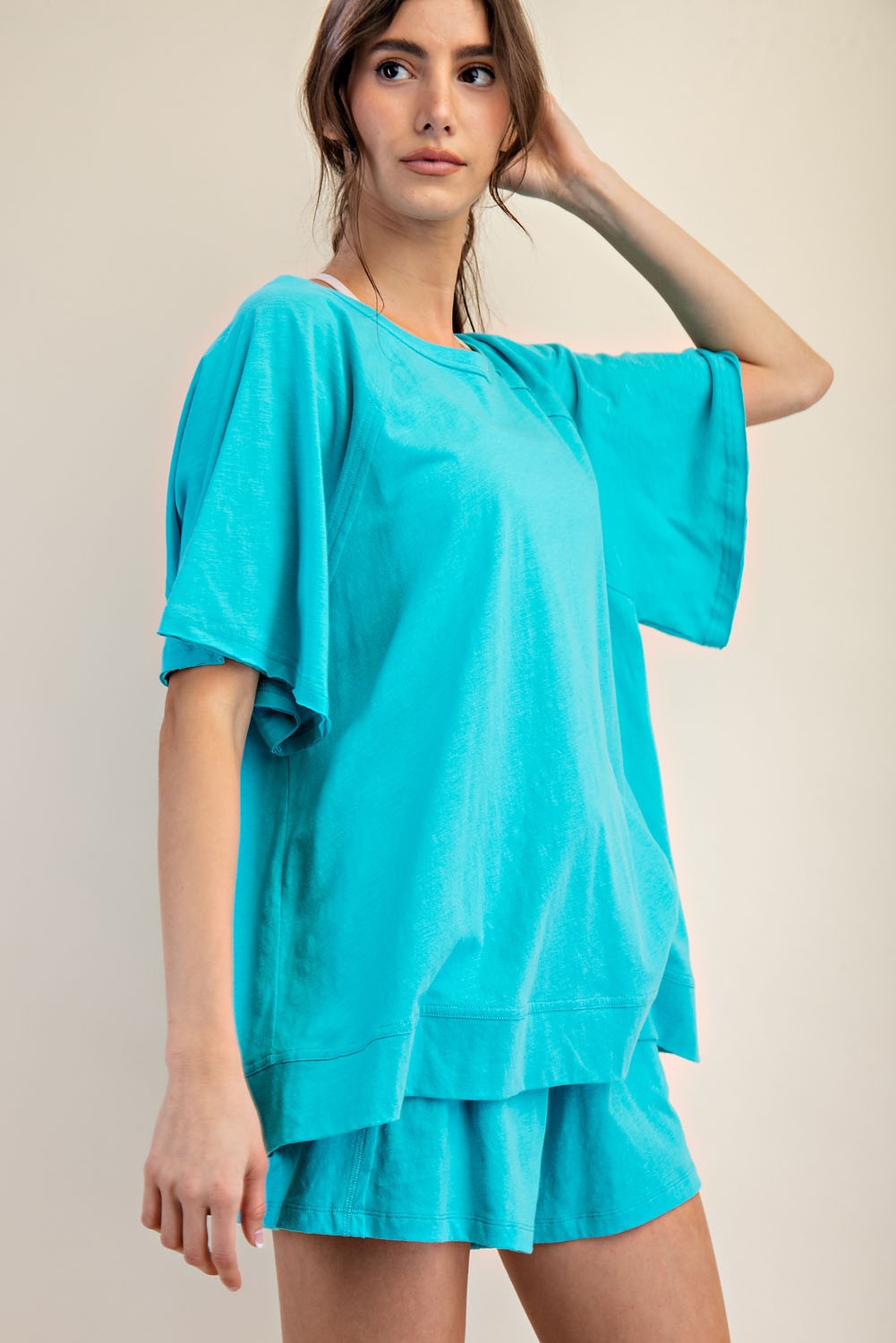 Turquoise Oversized Raw Hem Short Sleeve Tee