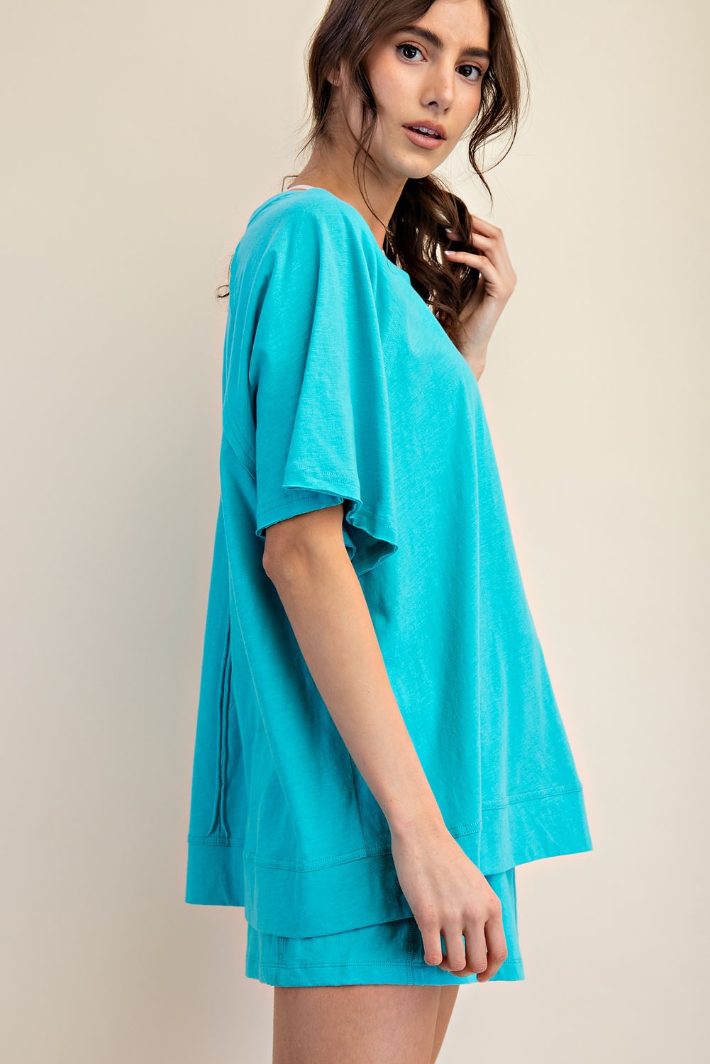 Turquoise Oversized Raw Hem Short Sleeve Tee