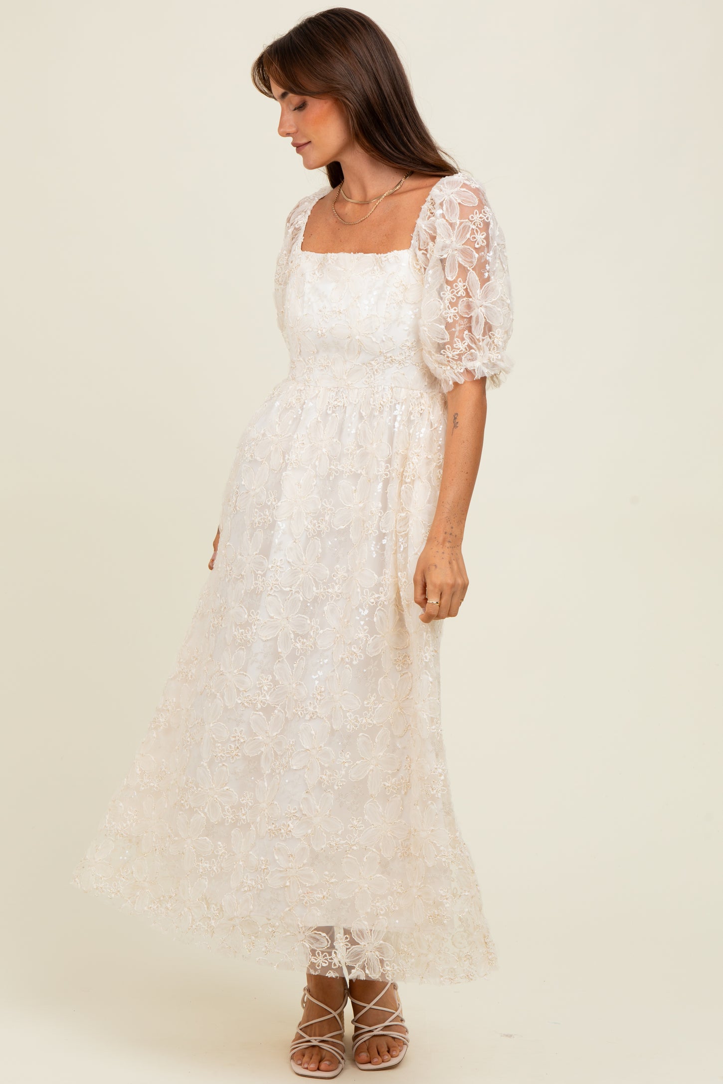 Cream Floral Mesh Overlay Tie Back Midi Dress