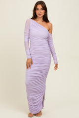 Lavender Ruched Mesh One Shoulder Long Sleeve Maxi Dress