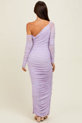 Lavender Ruched Mesh One Shoulder Long Sleeve Maxi Dress