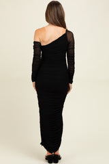 Black Ruched Mesh One Shoulder Long Sleeve Maternity Maxi Dress