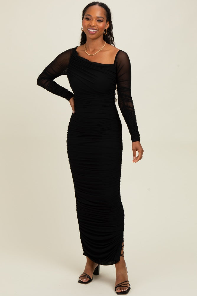 Black Ruched Mesh One Shoulder Long Sleeve Maternity Maxi Dress