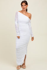White Ruched Mesh One Shoulder Long Sleeve Maxi Dress