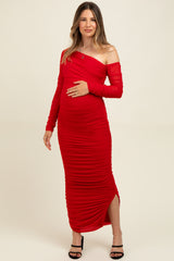 Red Ruched Mesh One Shoulder Long Sleeve Maternity Maxi Dress