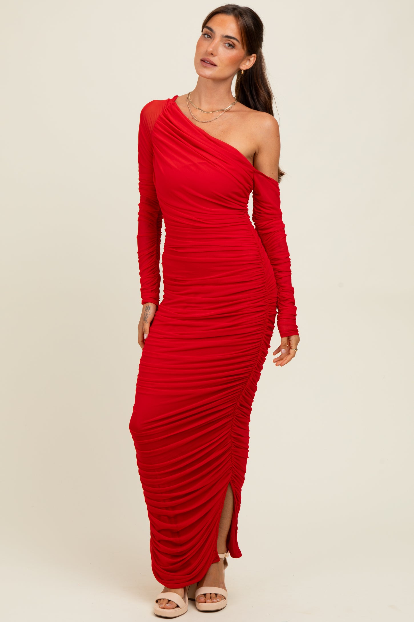 Red Ruched Mesh One Shoulder Long Sleeve Maternity Maxi Dress