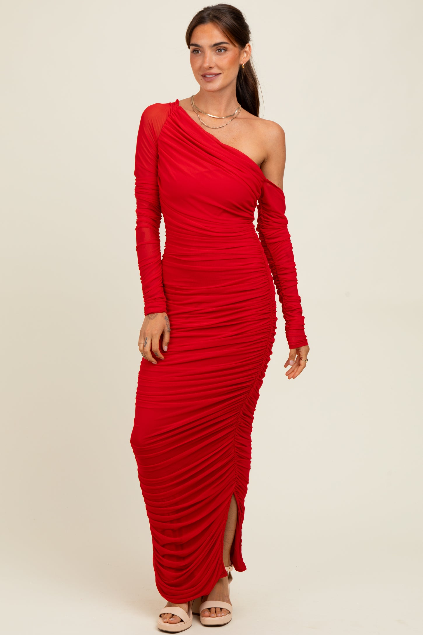 Red Ruched Mesh One Shoulder Long Sleeve Maxi Dress